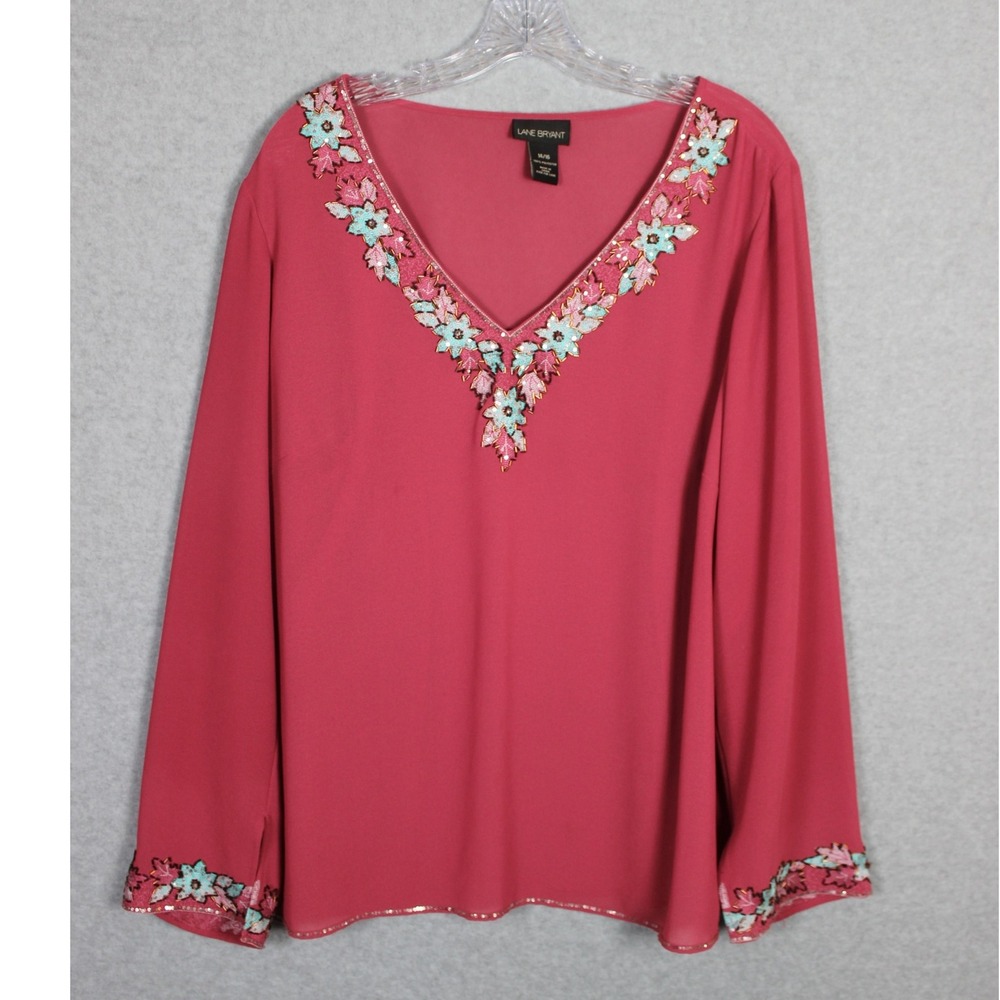Lane Bryant Women's Plus Size 14/16 Pink Floral Embellished Long Sleeve Top